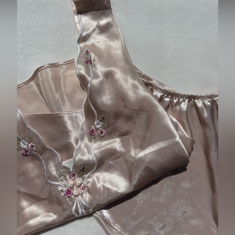 Vintage Silky Embroidered Satin Sleep Set - Light Blush